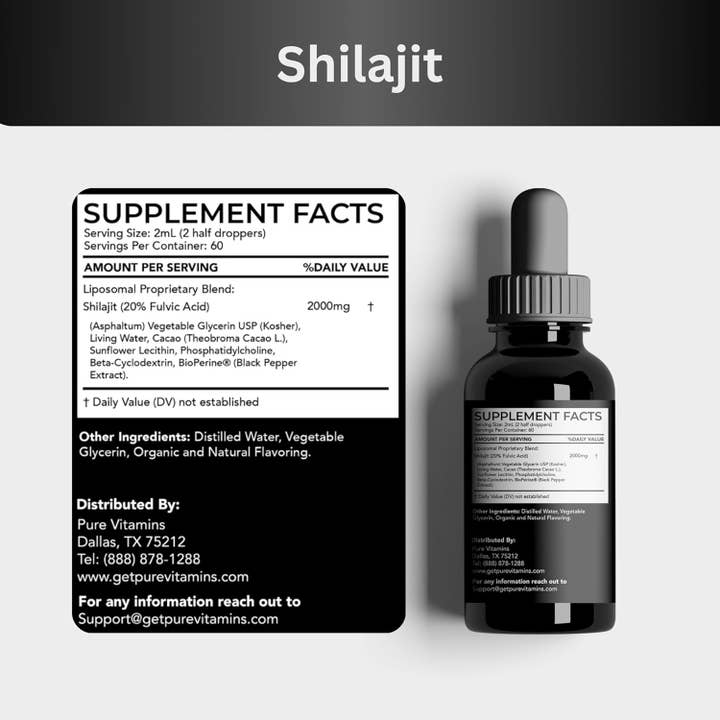 pure Vitamins - Wholesale Oral Supplement/Vitamin - Pure Vitamins Shilajit Liquid Drops 2000mg – 4 fl oz,120ml1