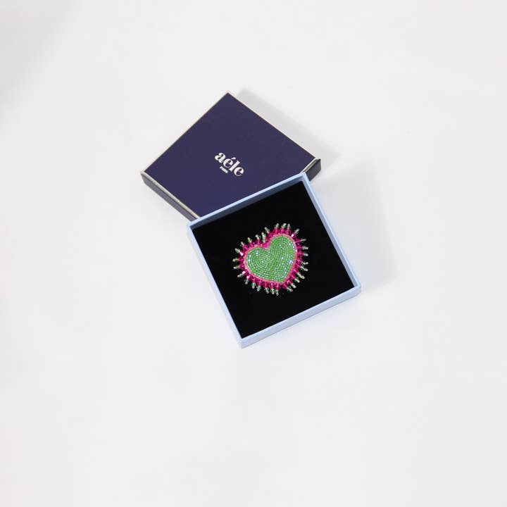 Green EMBROIDERED BROOCH IN THE SHAPE OF A HEART - CRUSHIE for wholesale on Faire2