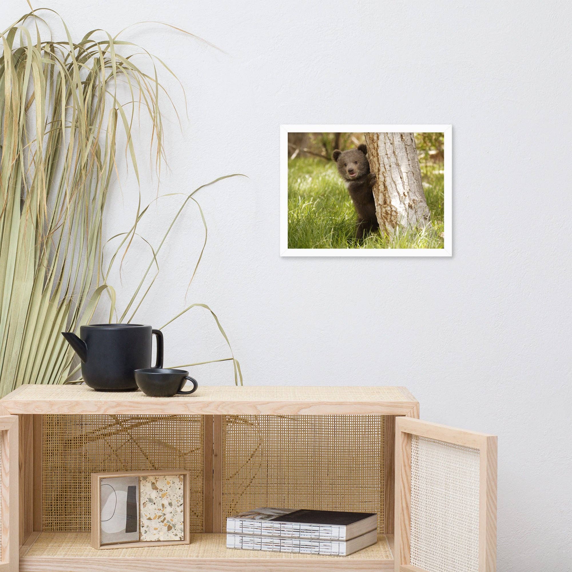 Pipa Wall Art & Home Decor - Wholesale Art Print - Cute Baby Grizzly Bear Cub Behind Tree In Meadow Framed Art15