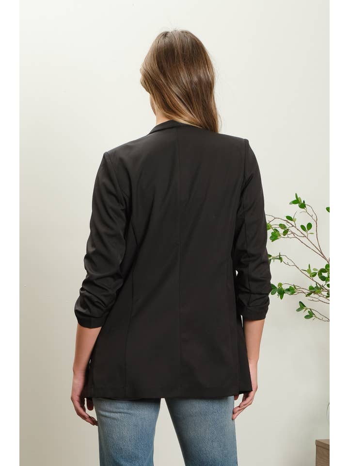 The Workshop Studio - Wholesale Blazer - Women's - COLLARLESS 3/4 RUCHED SLEEVE LONGLINE BLAZER1