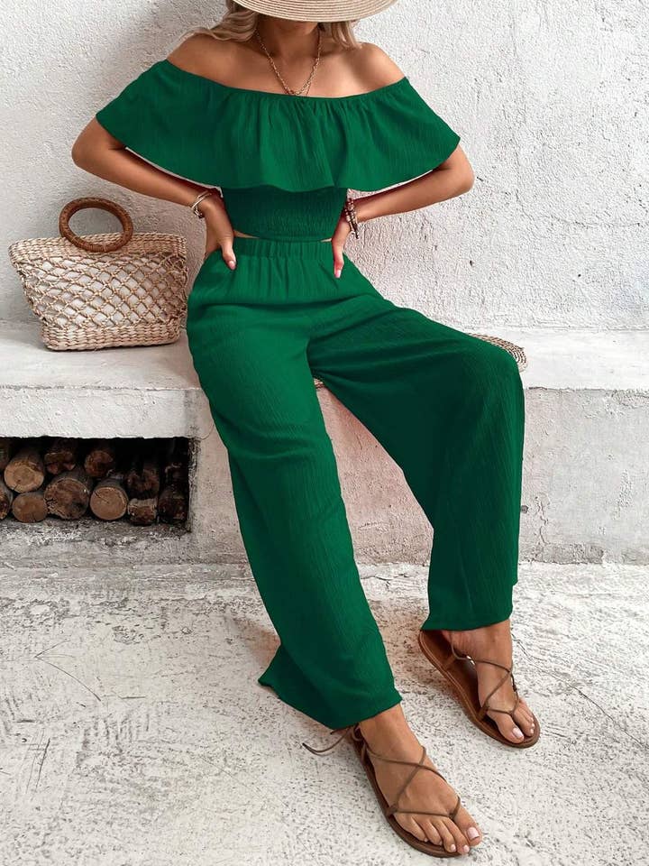 Flarix - Wholesale Top & pants set (NOT Loungewear) – Women's - off shoulder ruffle trim crop top wide leg pants17