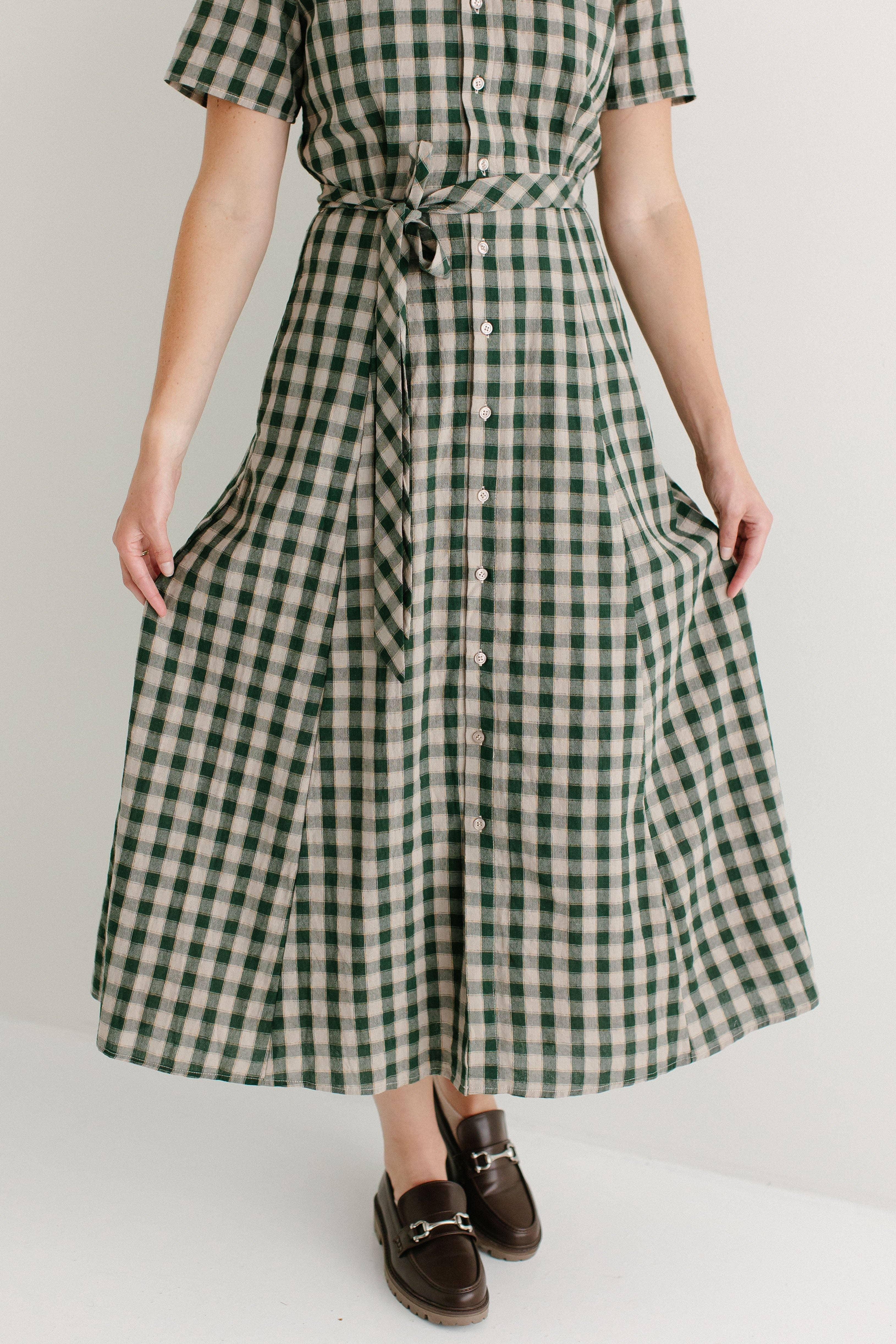 Light Tan 'Mae' Green Gingham A-Line Cotton Shirtdress FINAL SALE for wholesale on Faire2