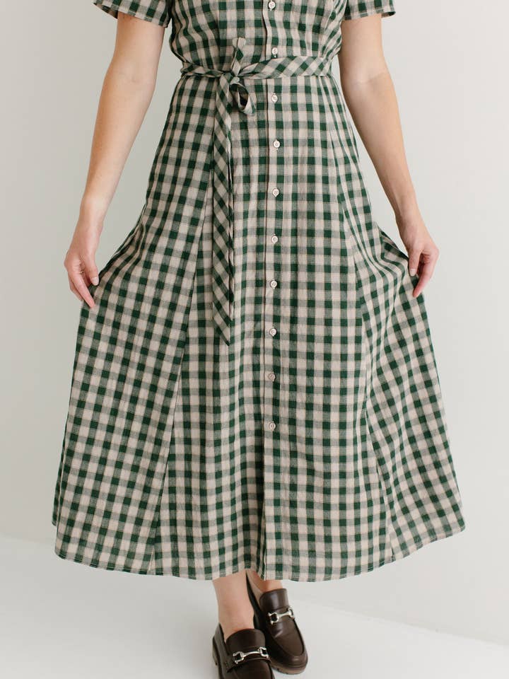 Light Tan 'Mae' Green Gingham A-Line Cotton Shirtdress FINAL SALE for wholesale on Faire2