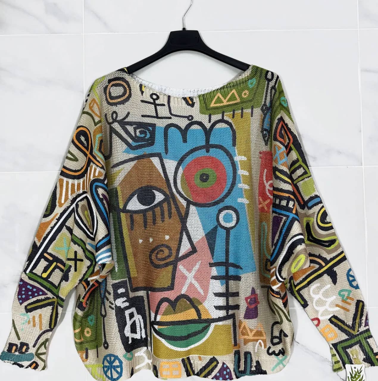 LOOWIE - Wholesale Knit Sweater - Women's - 202 One Size Green Picasso Style Printed Sweater LOOWIE0