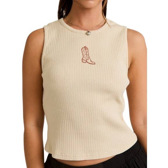 Western Vibes Embroidered Ribbed Tank Top for wholesale by Blue Bunny Inc