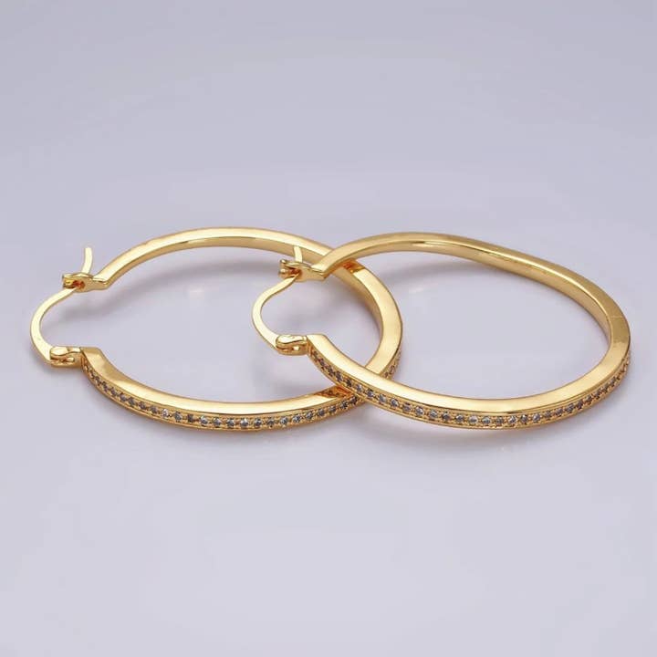 Aros de aro con cierre de 30 mm con circonitas transparentes enchapados en oro de 14K en EA-21AE0145 para venta al por mayor de Simply Jewels