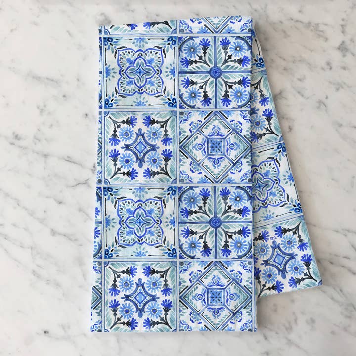 KelseyMDesigns - Wholesale Tea Towel - Blue Mediterranean Tile Tea Towel - Kitchen Decor