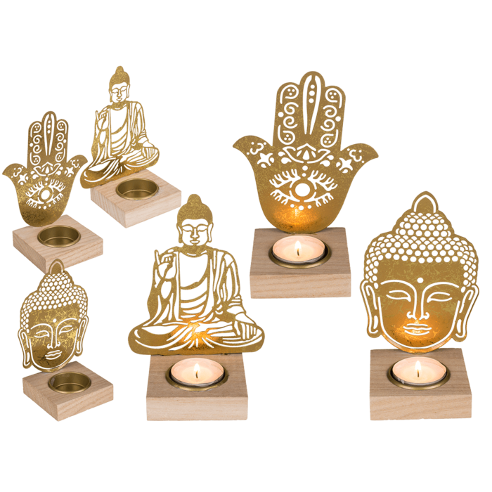 Out of the blue KG - Wholesale Candle Holder - Gold colored metal tealight holder with wooden0