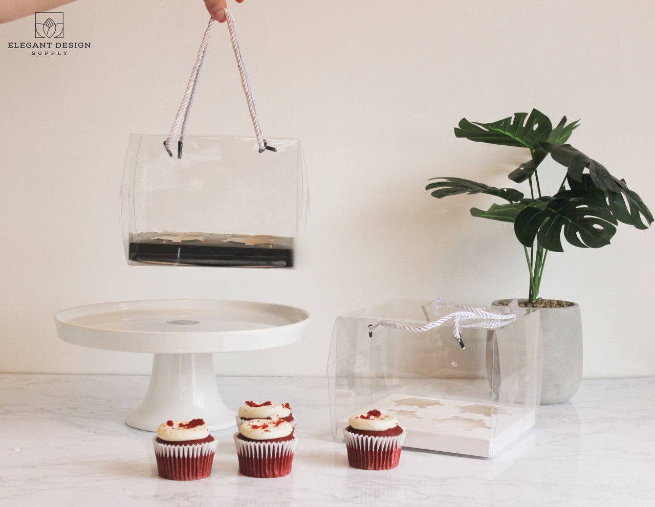 Elegant Design Supply - Vendita all'ingrosso Pirottini per cupcake/muffin - Scatola trasparente per 4 cupcake standard con corde (set di 2)3