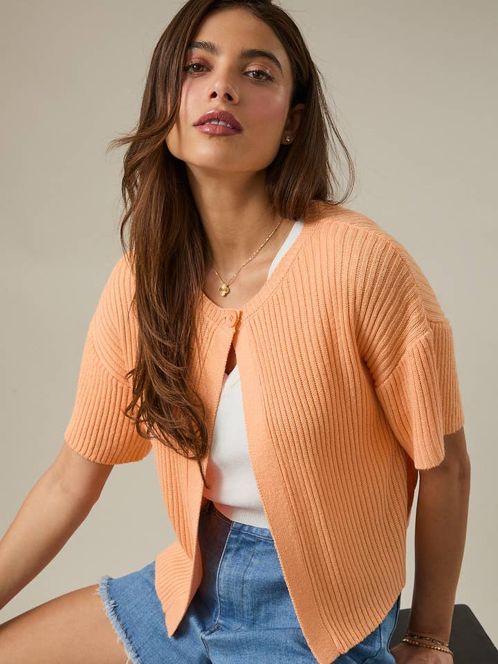 ROUND NECK ONE BUTTON HALF SLEEVE SWEATER CARDIGAN for wholesale by Sunday Edition