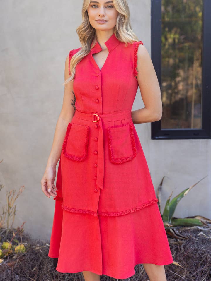 35955 Sleeveless Button Down Fringe Detail Midi Dress for wholesale by VOY