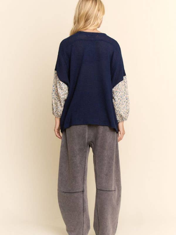 Navy MULTI STAR PATCHWORK DITSY SLEEVE WAFFLE KNIT TOP for wholesale on Faire4