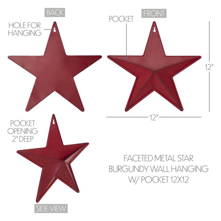 VHC Brands - Wholesale Wall Accent - Metal Star Speckled w/ Pocket Burgundy Distressed 12x12
