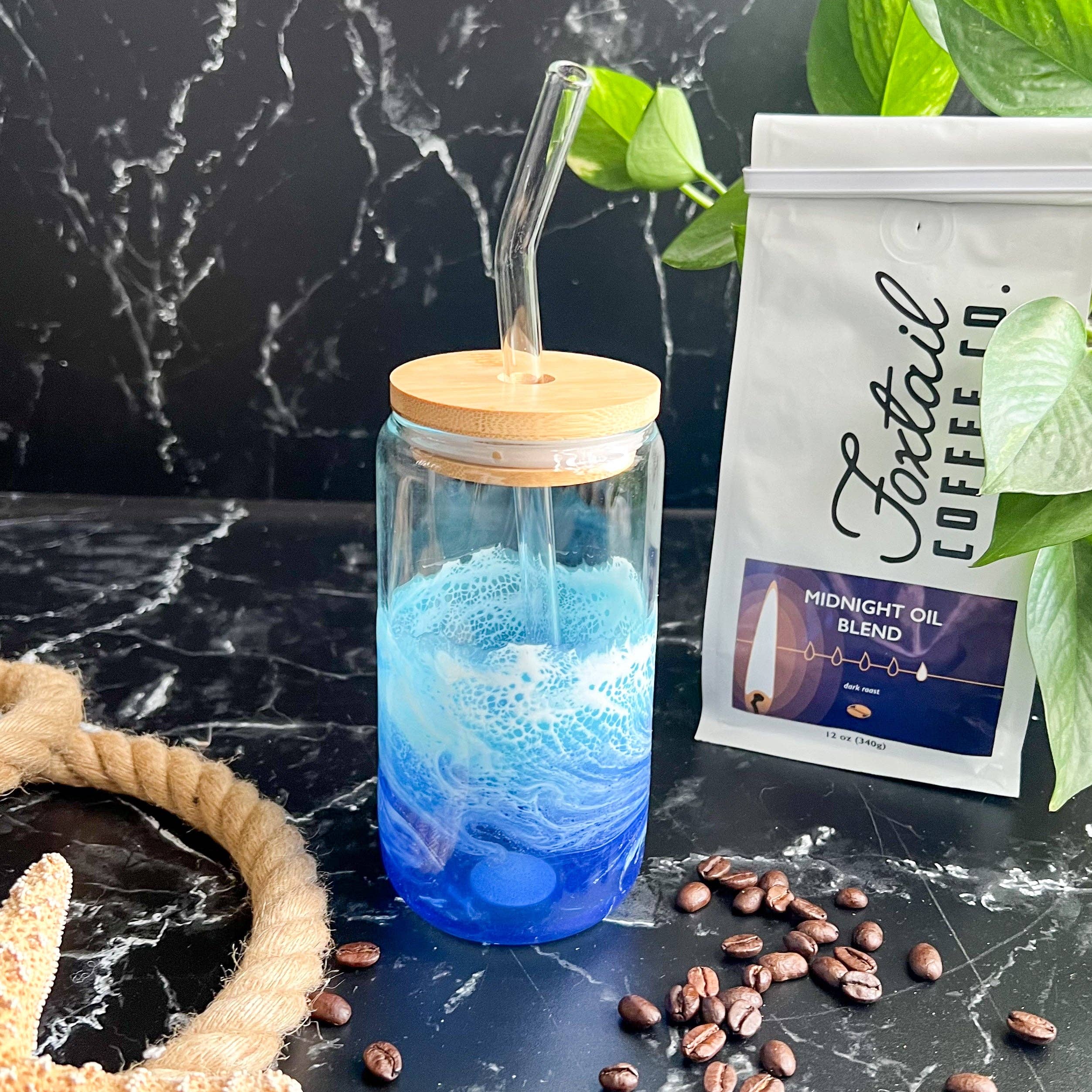 Citrus Waves Art - Wholesale Drinking Glass/Cup - Iced Coffee Glass with glass straw (16oz)1