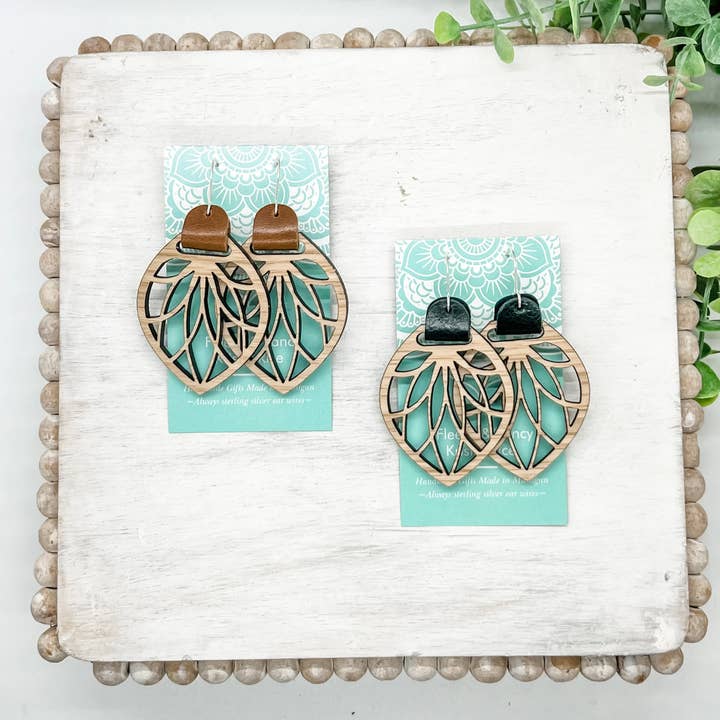 Fleece & Fancy - Wholesale Dangle Earrings - Laser Cut Leather Strap Filigree Wood Earrings