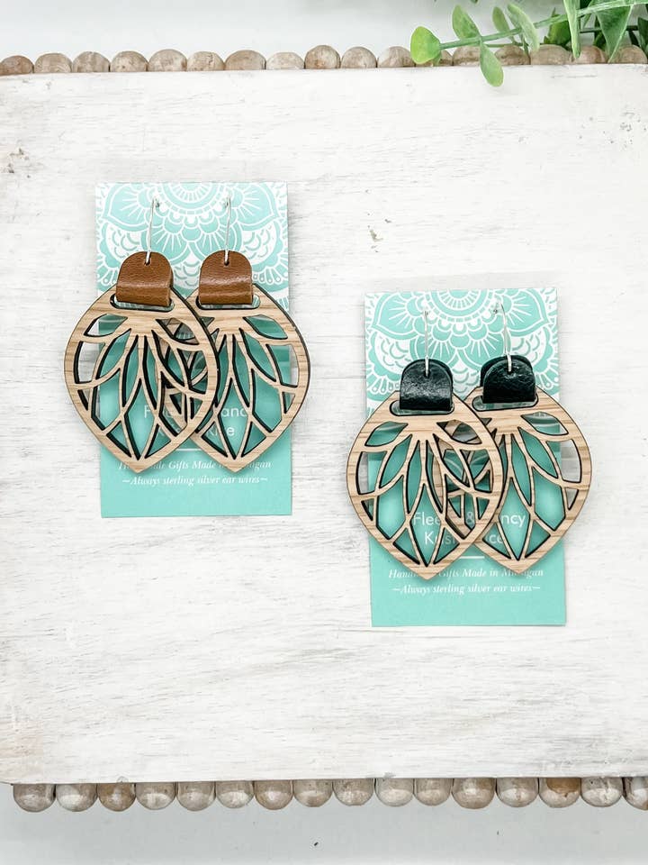 Laser Cut Leather Strap Filigree Wood Earrings for wholesale by Fleece & Fancy