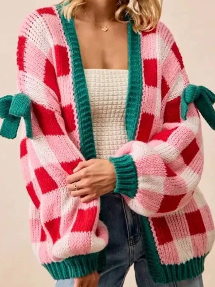 Plaid Knit Bow Knot Decor Open Front Sweater Cardigan for wholesale by FULL TIME PURCHASE