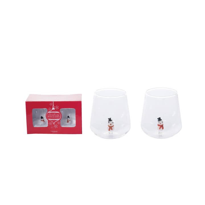 Transpac - Wholesale Wine Glass - SALE 9.25" Christmas Molded Snowman Stemless Wine Set 2