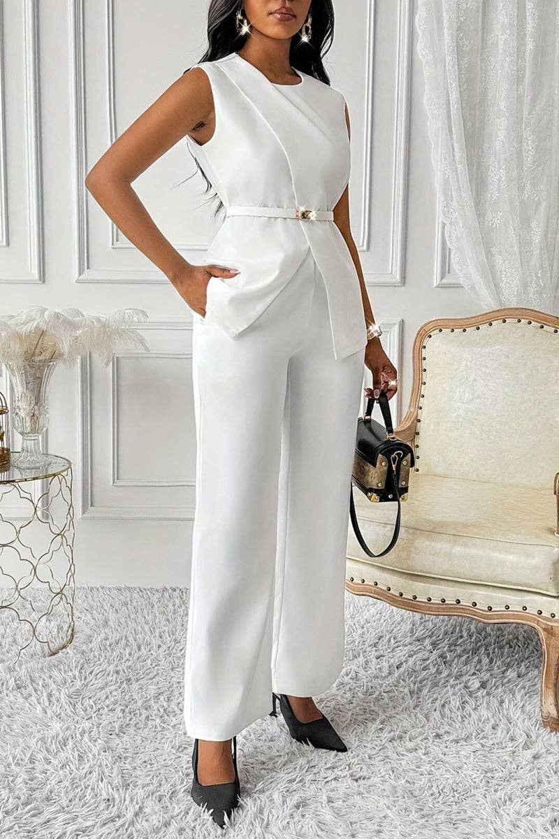 BLANC Ensemble élégant sans manches avec ceinture et pantalon en vente sur Faire2