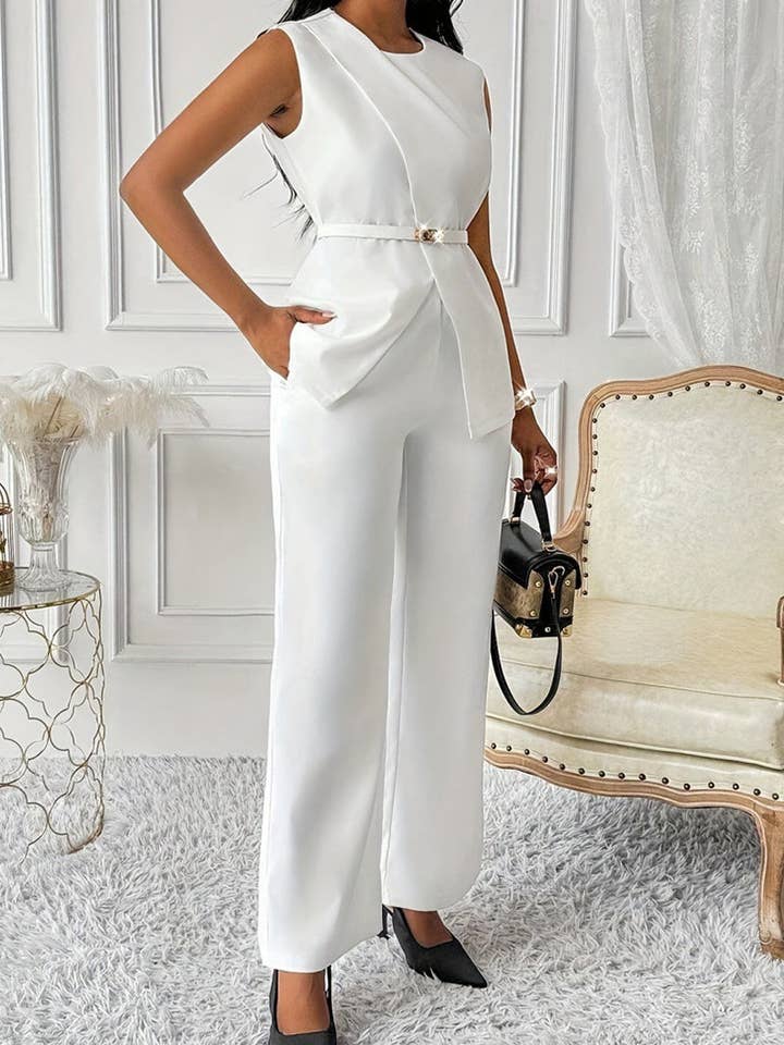 BLANC Ensemble élégant sans manches avec ceinture et pantalon en vente sur Faire2