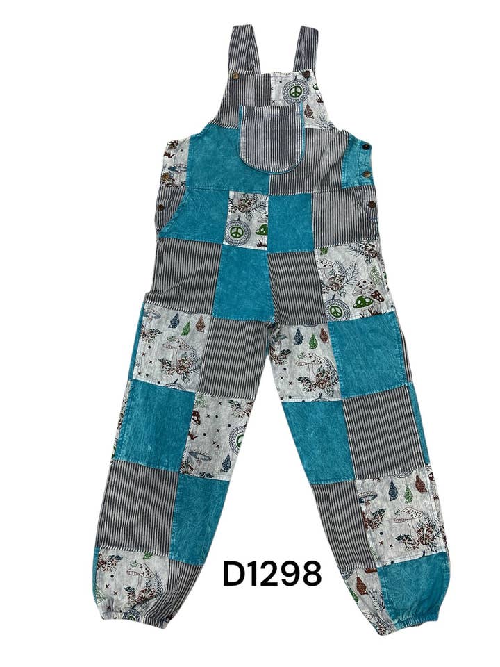 Cotton Teal Multi Patch Gray Mushroom Overall for wholesale by Rising International Inc