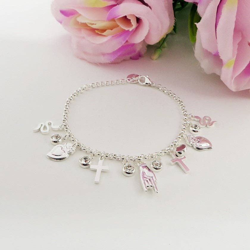 ACCIAIO BAGNATO ARGENTO Pulseira MEGA LUCKY banhada a prata em aço inoxidável com pingentes de amuletos para venda a revendedores na Faire2