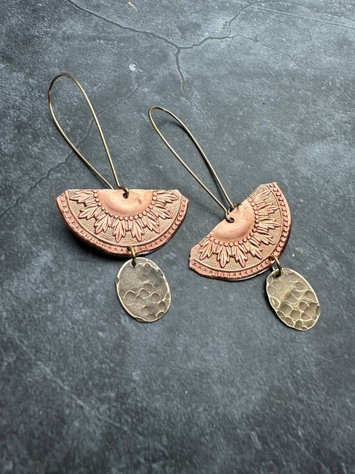 Ancient Sun Earrings - Hammered Copper & Brass for wholesale by The Sunstone on Main