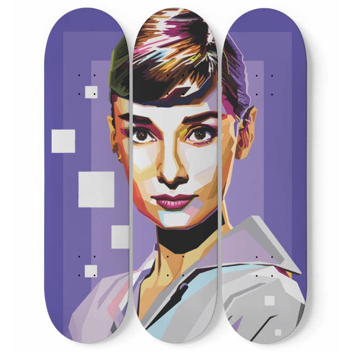 Audrey Hepburn 12 Artwork | 3-piece Skateboard Wall Art | Wall Decor | Best Unique Gift for Home Decor for wholesale by SkateboardArtsy