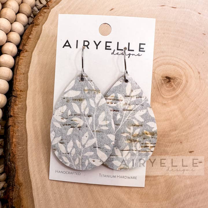 Light Blue Willow Cork + Leather Teardrop Earrings for wholesale by Airyelle Designs