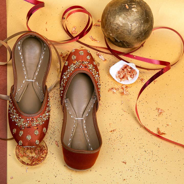 Bronze Embellished Satin Ballet Wedding Flat Shoes Jutis Mojari Khussa for wholesale on Faire2