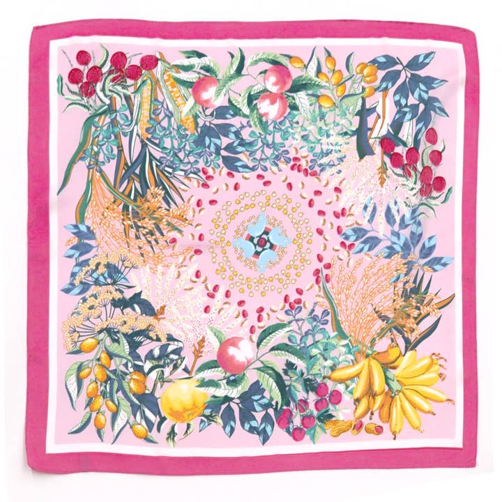 Pink Border Floral Printed Silky Bandana Head Scarf for wholesale by Paco Designs