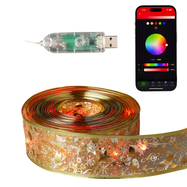 Vivvi App-Based Customizable, Pre-lit Gold 2" Wired Ribbon with Color-Changing LED Lights, 32 ft. long for wholesale by Seasonal LLC
