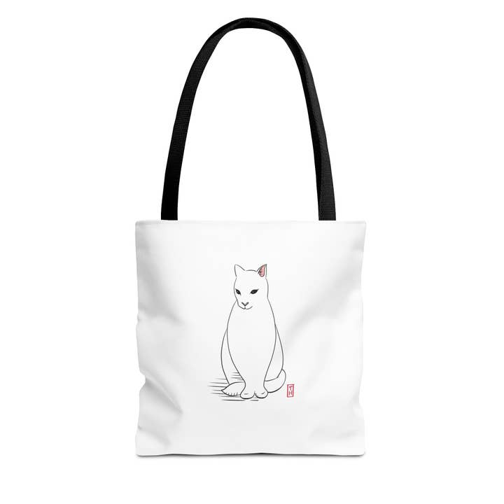 Sac fourre-tout blanc pour chat - Design félin minimaliste, cadeau pour amoureux des chats, sac de courses, fourre-tout en toile, sac d'épicerie, sac de plage pour la vente par Terry Heath Art