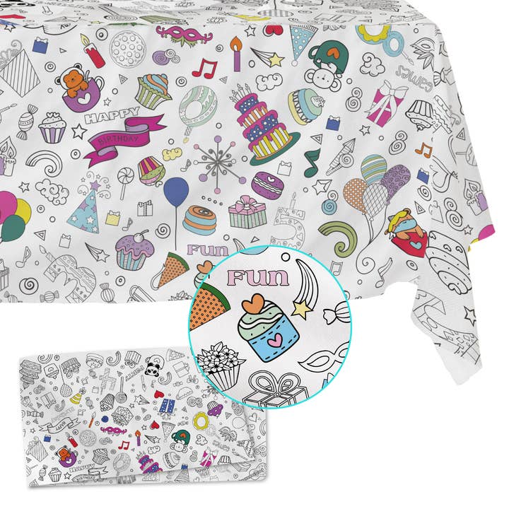 Birthday Coloring Fabric Tablecloth - Wash and Reuse for wholesale by Artistic Chaos Ink