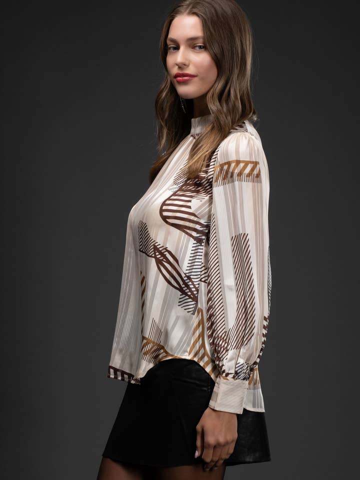 BROWN MULTI ABSTRACT PRINT LONG SLEEVE WOVEN TOP for wholesale on Faire2