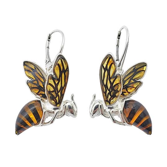 Cameo Amber Sterling Silver Bee Earrings On Hooks for wholesale by Amberman