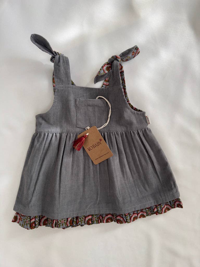 Yo Baby - Wholesale Dress - Kids - Reversible Solid Grey Corduroy & Grey Floral Printed Ruffle Dress7