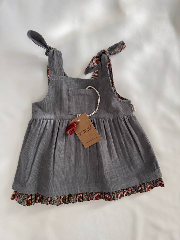 Yo Baby - Wholesale Dress - Kids - Reversible Solid Grey Corduroy & Grey Floral Printed Ruffle Dress7
