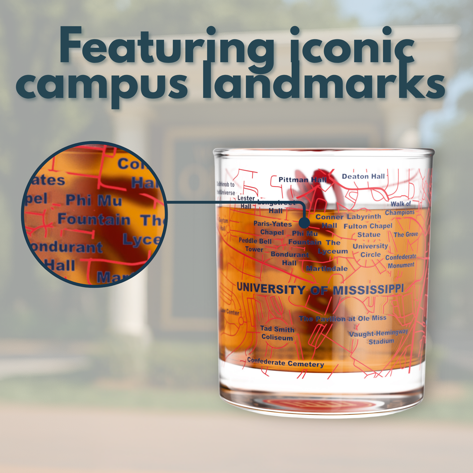 Greenline Goods - Wholesale Cocktail/Liquor Glass - University of Mississippi Rebels College Whiskey Glasses (Set of 2), 10 oz – Full-Color Logo + Campus Map2