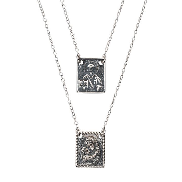 Jesus And Mary Scapular Medal Necklace In Sterling Silver for wholesale by Amen Gioielli
