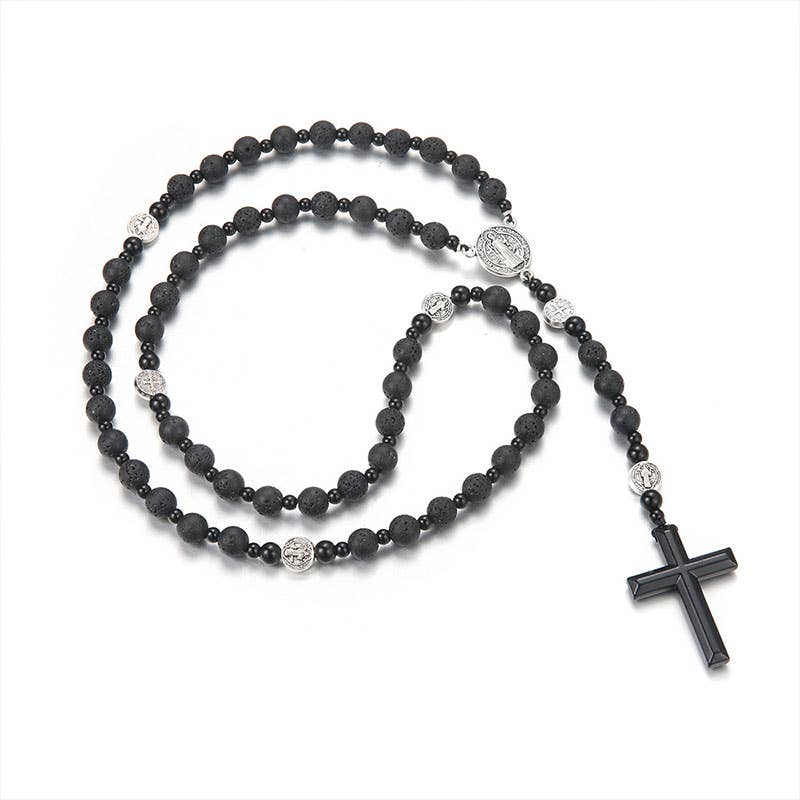Gemcohub - Wholesale Prayer Beads Necklace - Volcanic Black Gallstone Cross Rosary Necklace4