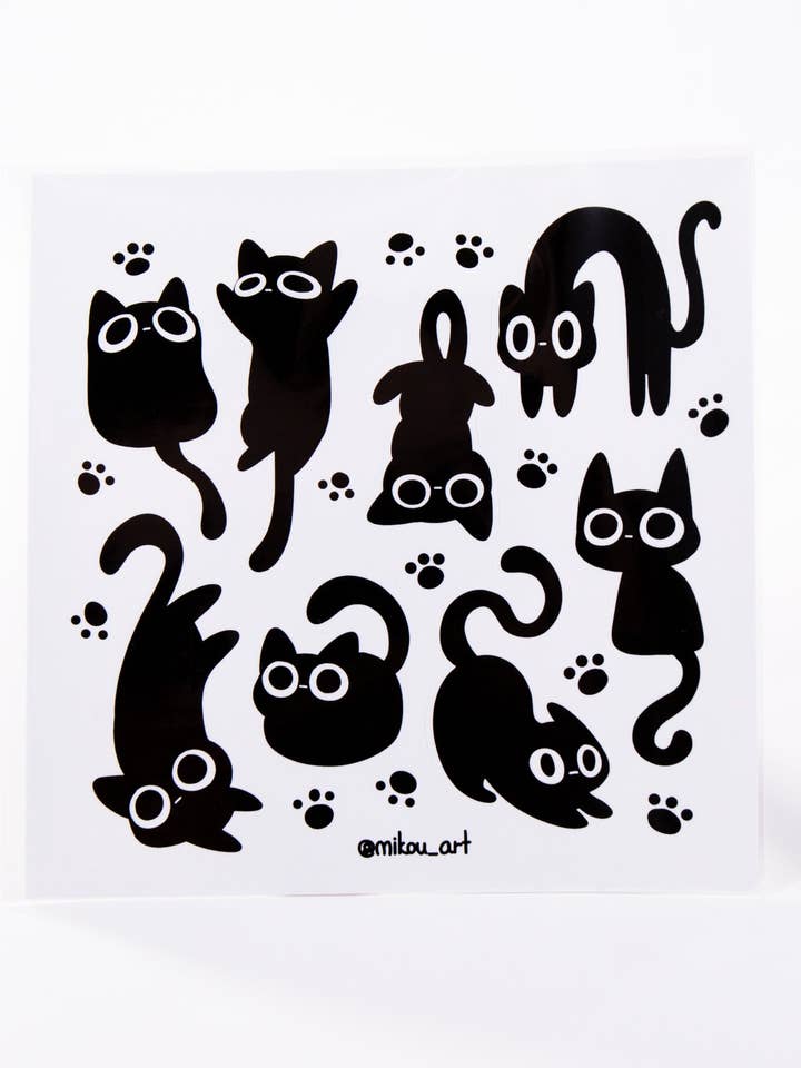 Sticker Sheet | Black Inky Cat Collage | 5.5x5.5 inch | Waterproof & Fade-Resistant | Gift for Cat Lovers | Mikou Original Art for wholesale by MikouArt