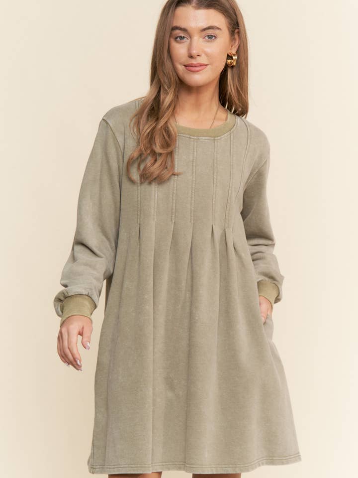 Moss Green Pleated Round Neck Long Sleeve Sweater Dress for wholesale on Faire1