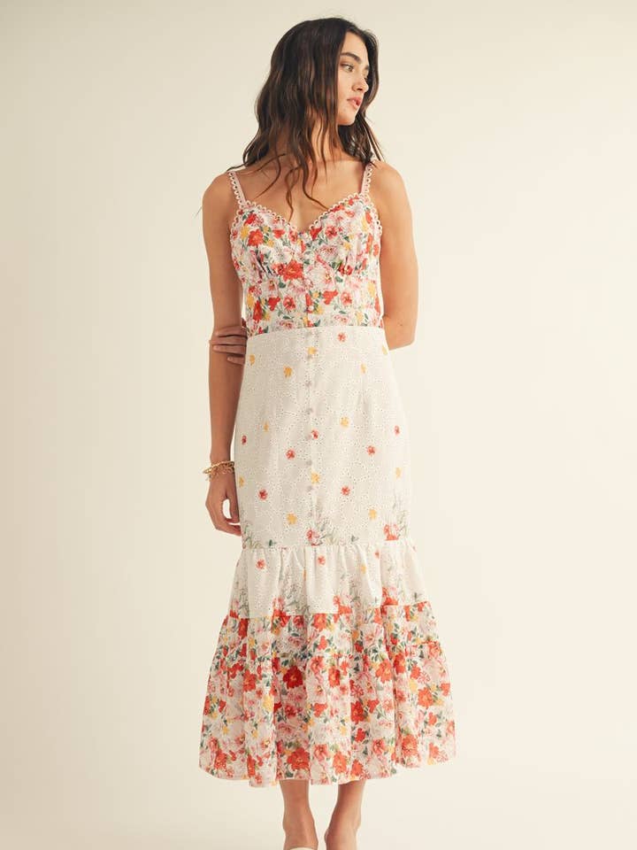 Pink Multi EYELET DETAILED FLORAL BORDER PRINT MIDI DRESS for wholesale on Faire