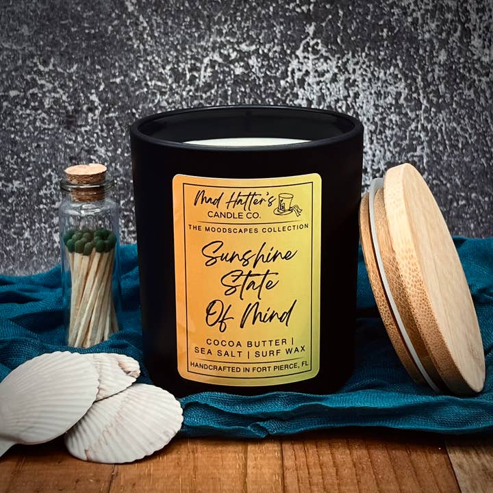 Sunshine State Scented Candle | Coconut Sea Salt | Laid-Back for wholesale by Mad Hatter’s Candle Co.
