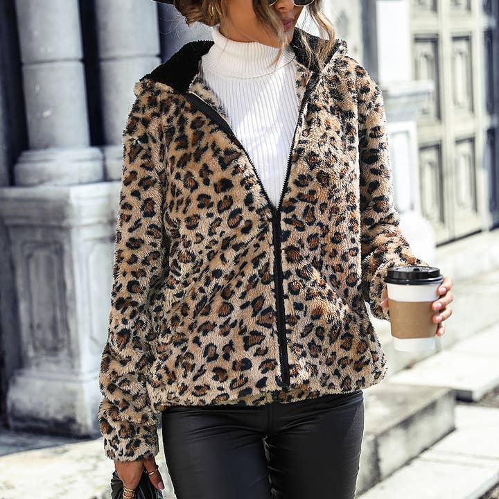 LEOPARD PRINT FLEECE LOOSE CASUAL JACKET for wholesale by Lily Clothing