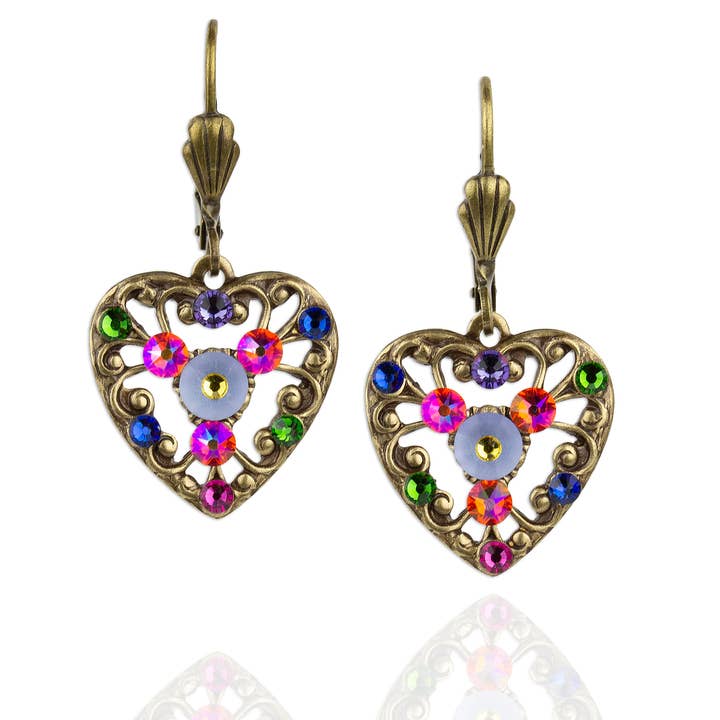 Filagree Multi Color Crystal Heart Earrings for wholesale by Anne Koplik Designs, Inc.