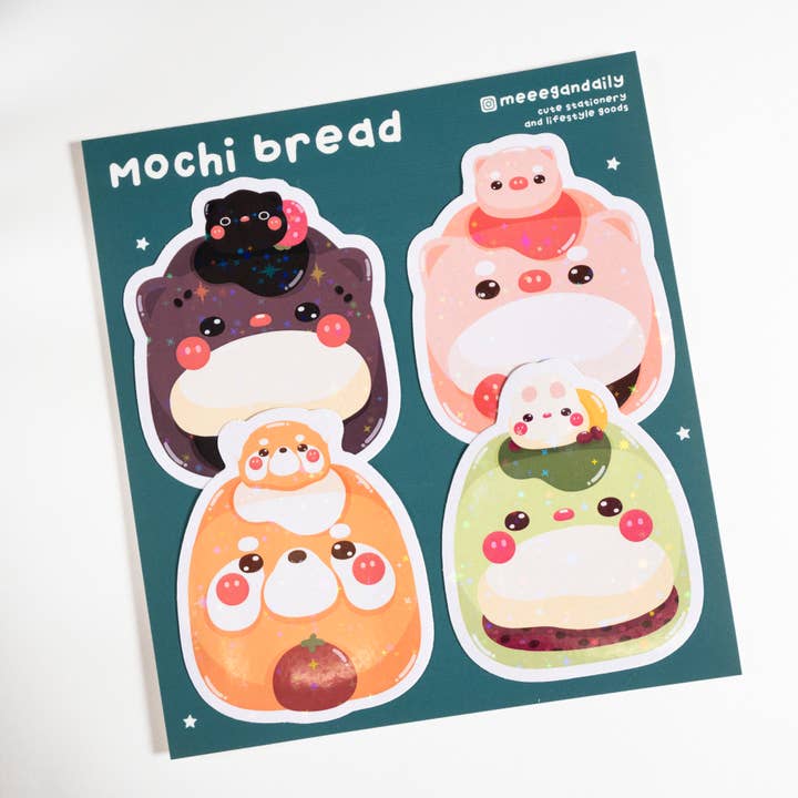 The Mochi Bread Fam Holo Vinyl-Aufkleberset für den Großhandel von Notmehmehstudio