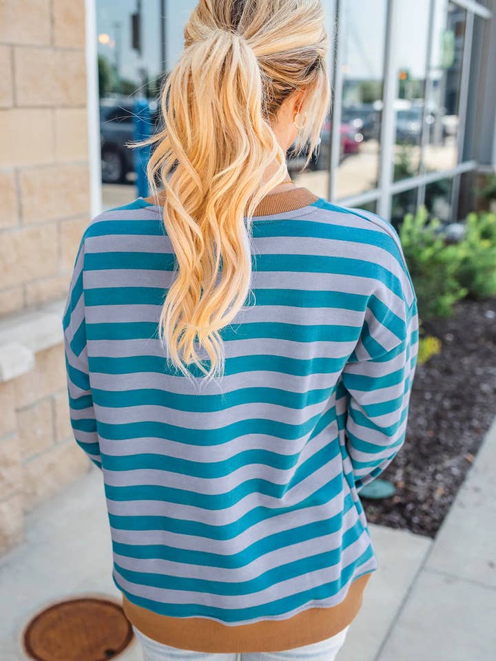 Sky Blue Stripe Contrast Color Ribbed Trim Round Neck Drop Shoulder Sweatshirt for wholesale on Faire1