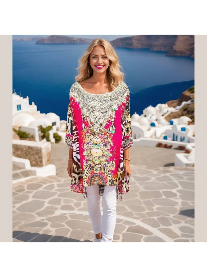 Kaftans that Bling - Wholesale Kaftan – Women's - Garden Delight red Batwing Silk Embellished Hi-low Kaftan/Top4